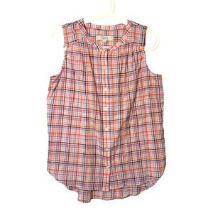 LOFT Womens XS Plaid Seersucker Sleeveless Button Down Shirt Coral Blue Multi